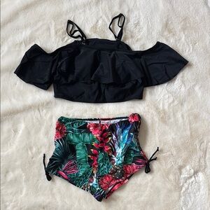 Black Off-Shoulder Top and Tropical Print Shorts Bathing suit Set